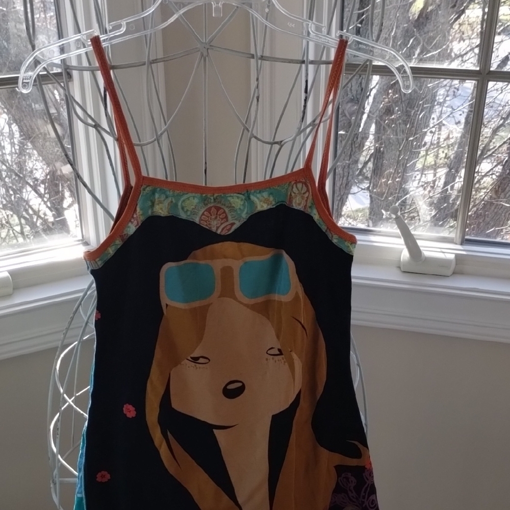 Custo Barcelona Green Floral Tank Top with Orange Accents - Picture 7 of 13